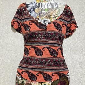 Lucky Brand 2010s Orange Multicolor Paisley Button Detail Scoop Neck Baby Tee